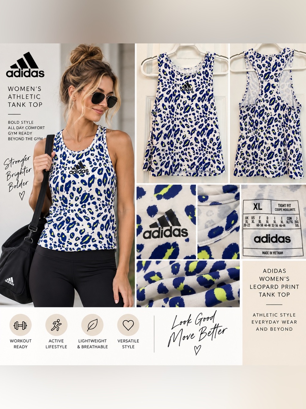adidas Women’s Leopard Print Athletic Tank Top - White/Blue/Green - XL